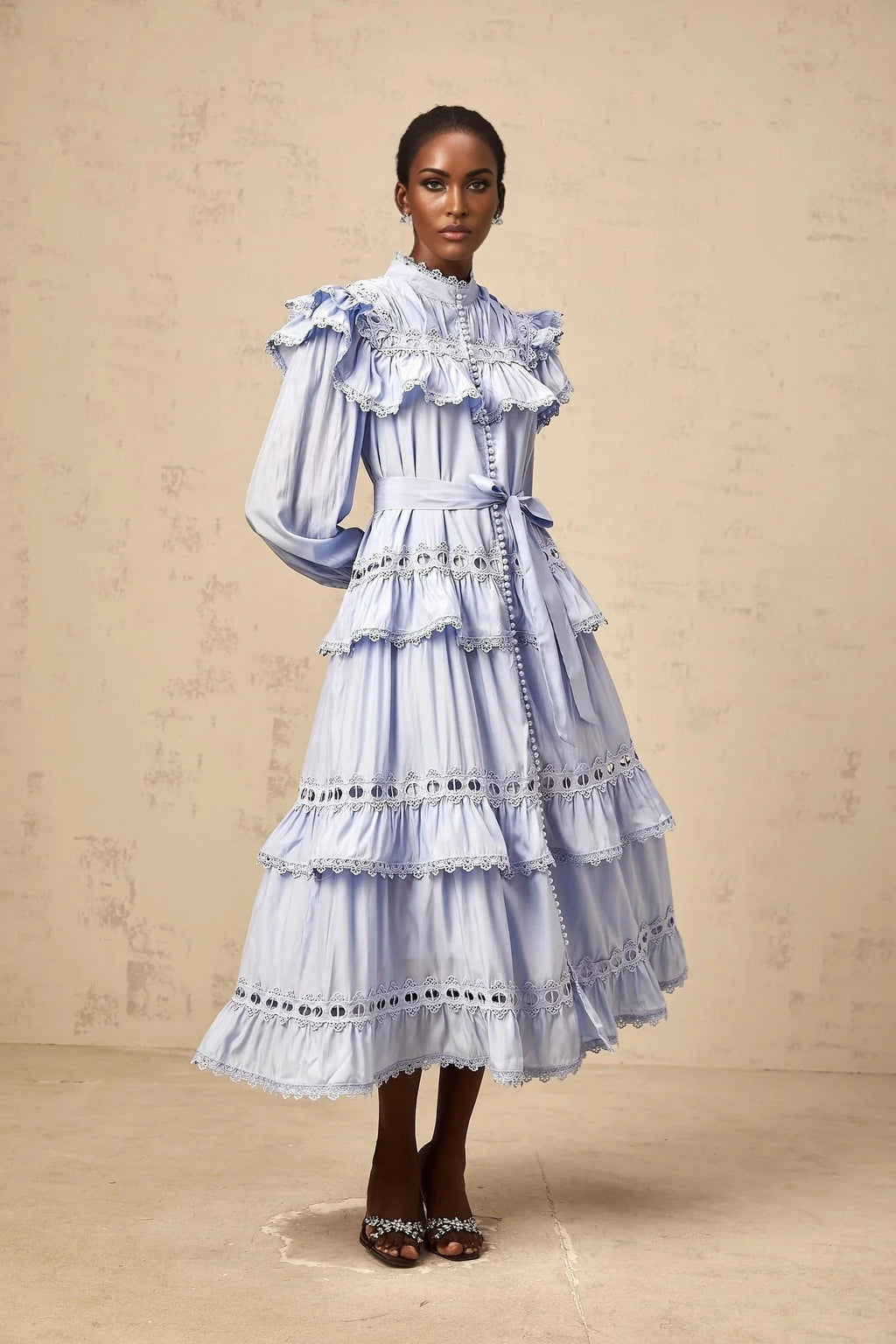 Bonnie Midi Dress Blue Tiered Lace Trim & Cut - Out Detail