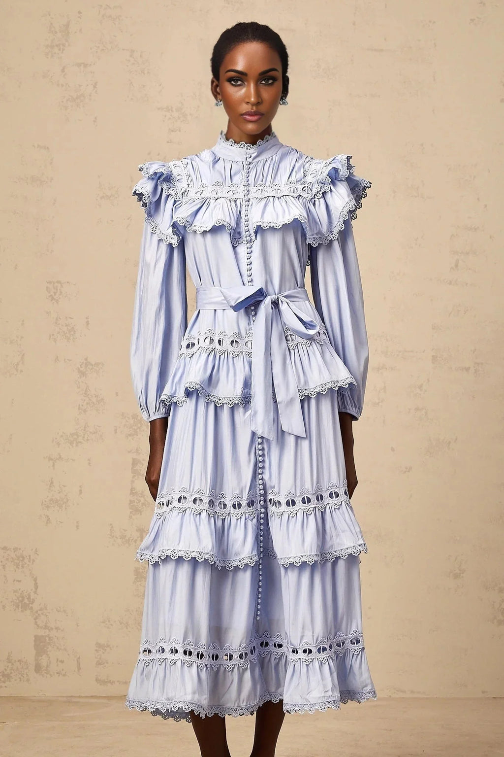 Bonnie Midi Dress Blue Tiered Lace Trim & Cut - Out Detail