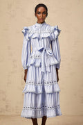 Bonnie Midi Dress Blue Tiered Lace Trim & Cut - Out Detail