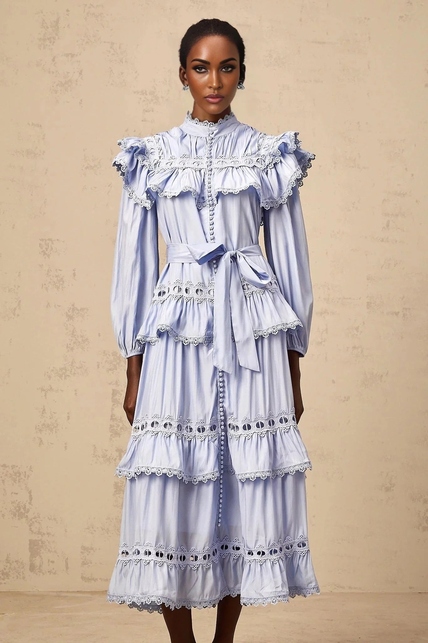 Bonnie Midi Dress Blue Tiered Lace Trim & Cut - Out Detail