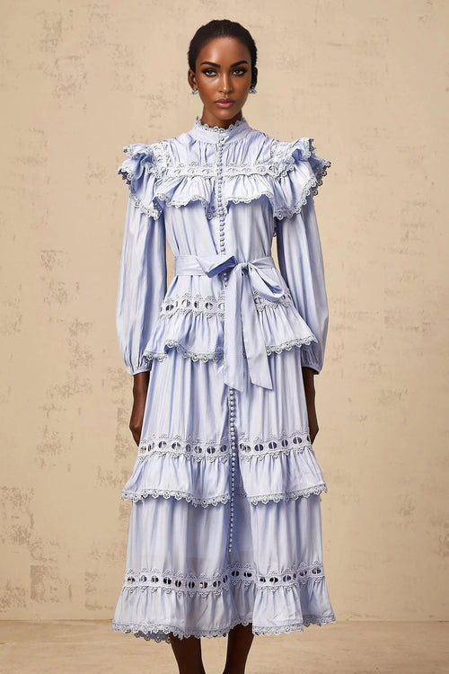 Bonnie Midi Dress Blue Tiered Lace Trim & Cut - Out Detail