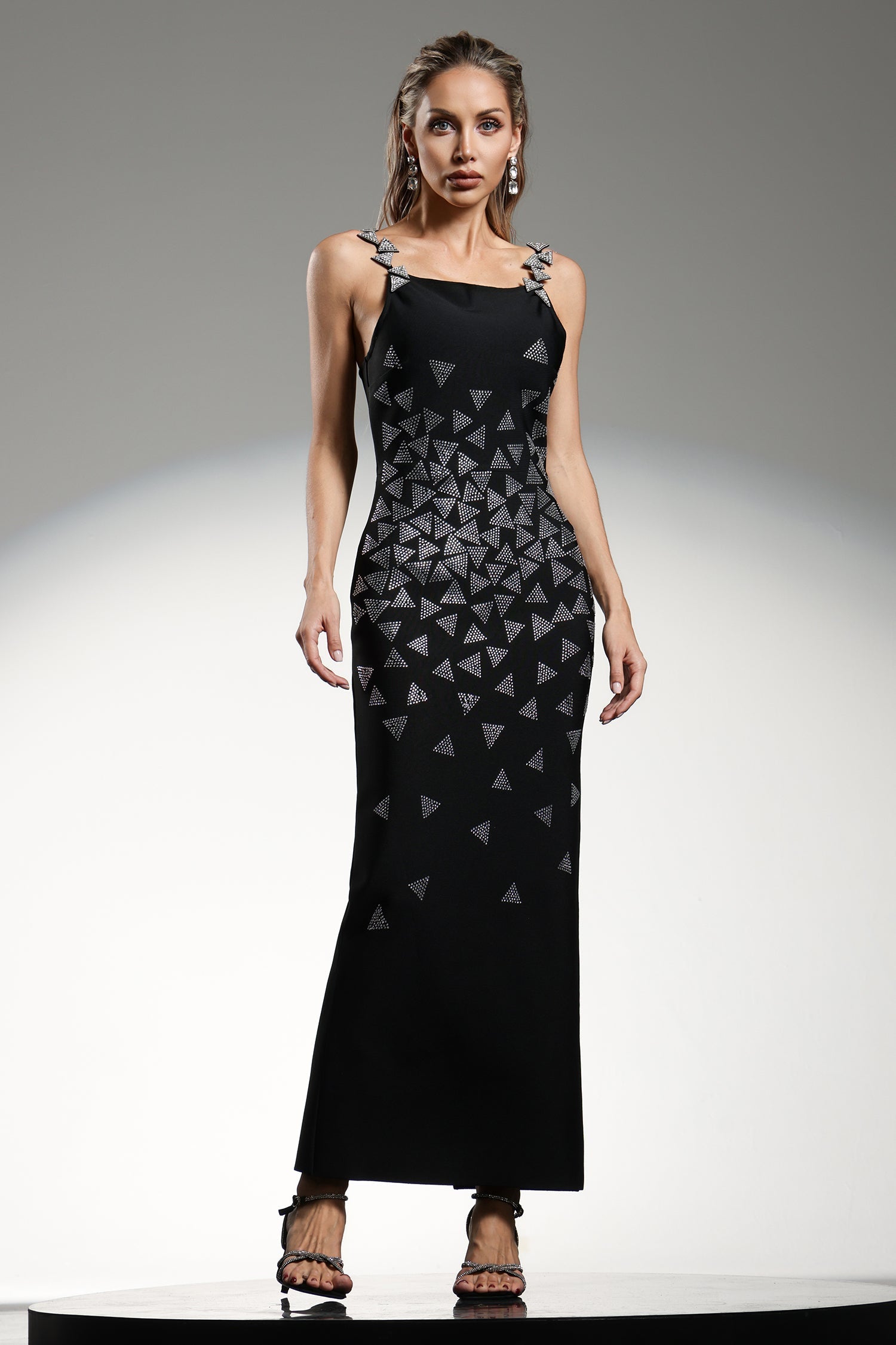 Brenna Black Diamond Patterned Dress with Embellished Straps