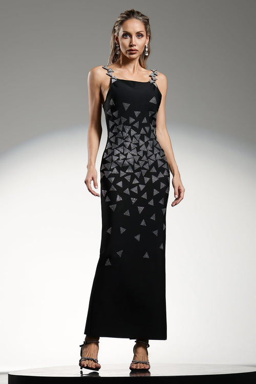 Brenna Black Diamond Patterned Dress with Embellished Straps