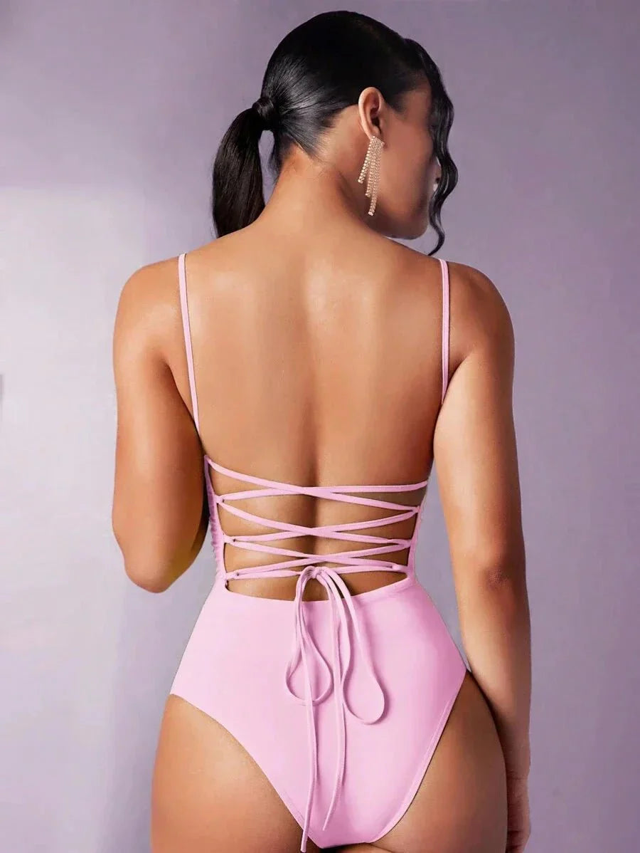 Brenna Bodysuit - High Stretch Fabric Elasticity - Slim Fit Type - Sleeveless Length - Backless, Criss Cross, Knot - Spaghetti Strap Neckline