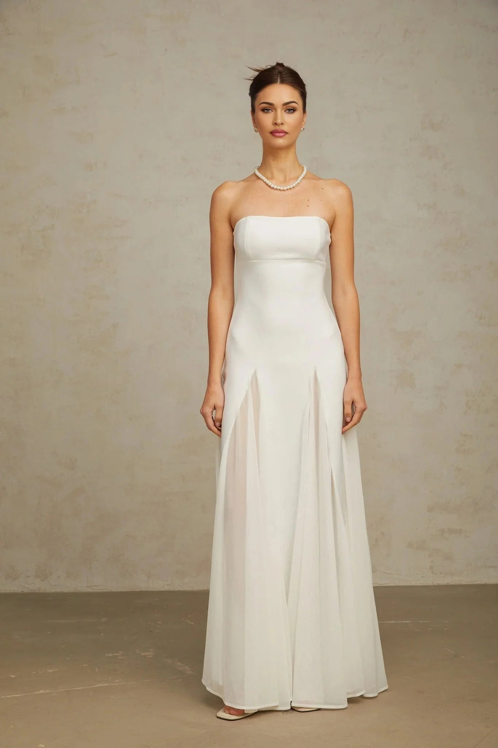 Brenna Maxi Dress White Tulle Paneling & Godet Design