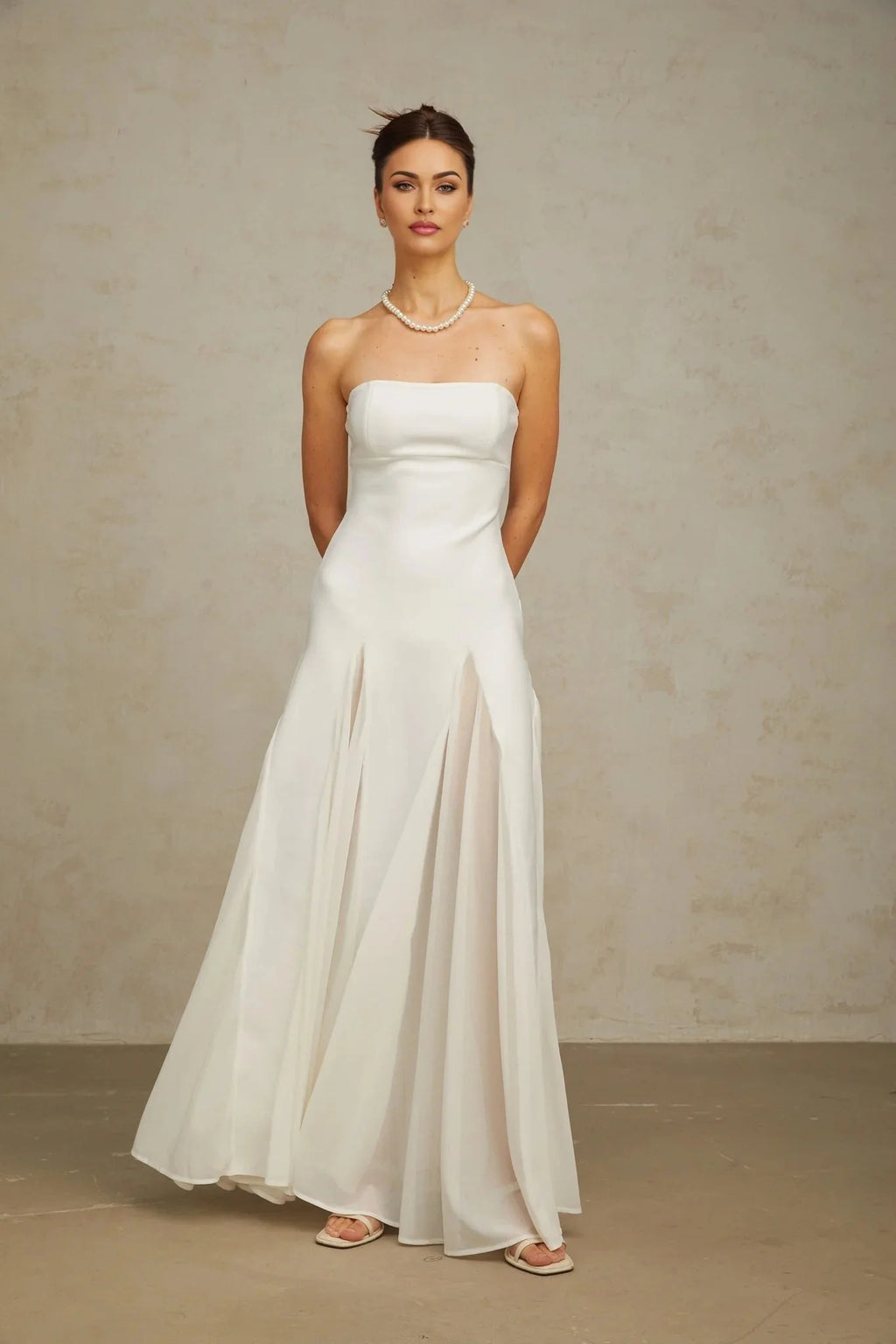Brenna Maxi Dress White Tulle Paneling & Godet Design