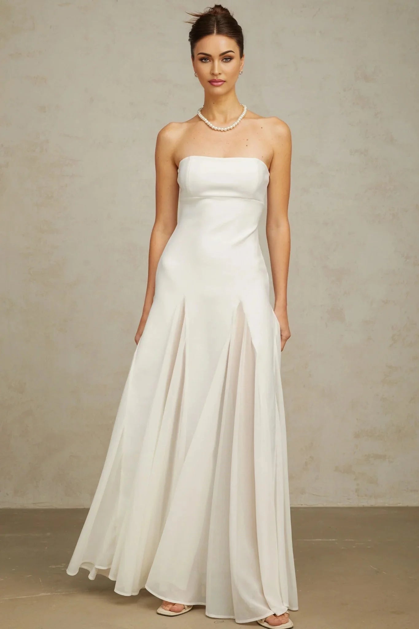 Brenna Maxi Dress White Tulle Paneling & Godet Design