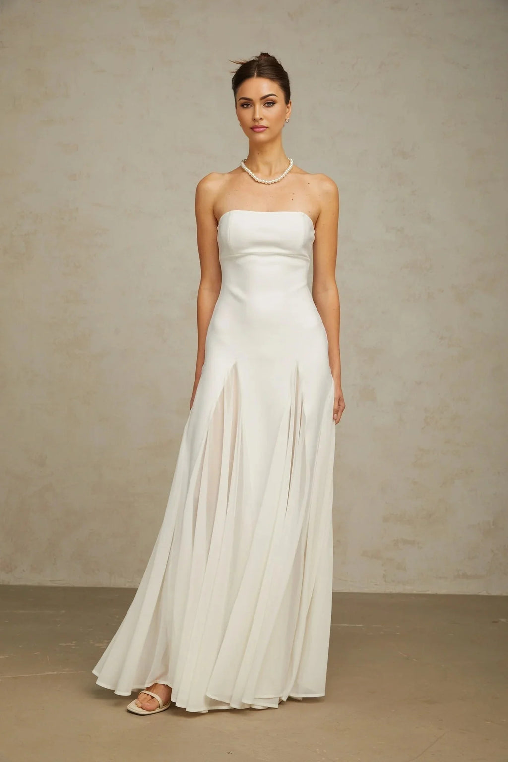 Brenna Maxi Dress White Tulle Paneling & Godet Design