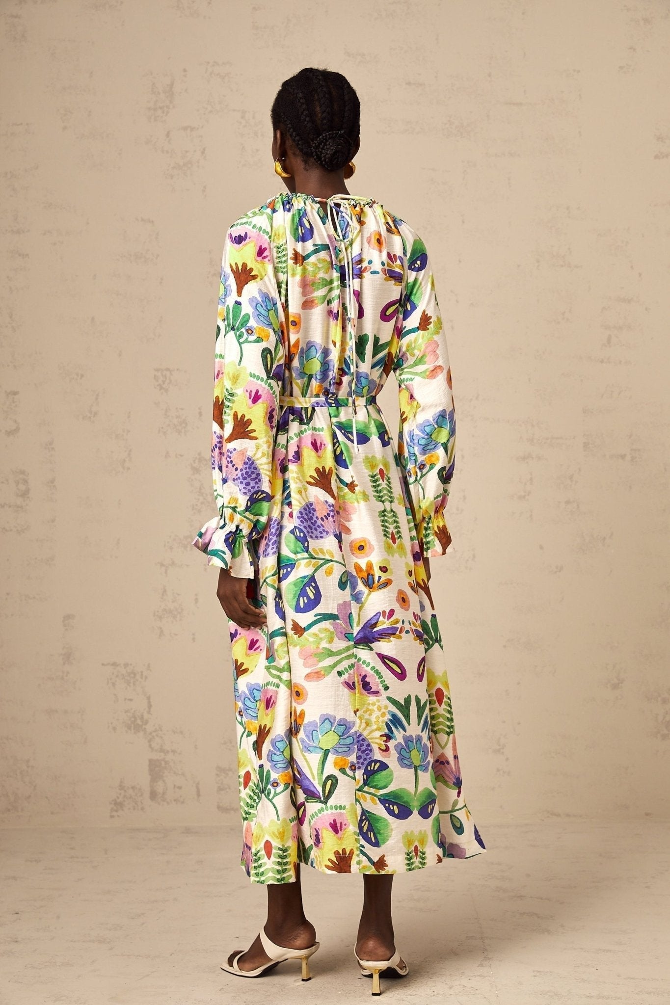 Brenna Midi Dress - Paisley Print - Flared Cuffs - Pleated Detailing - Self - Tie Design - Poplin Texture