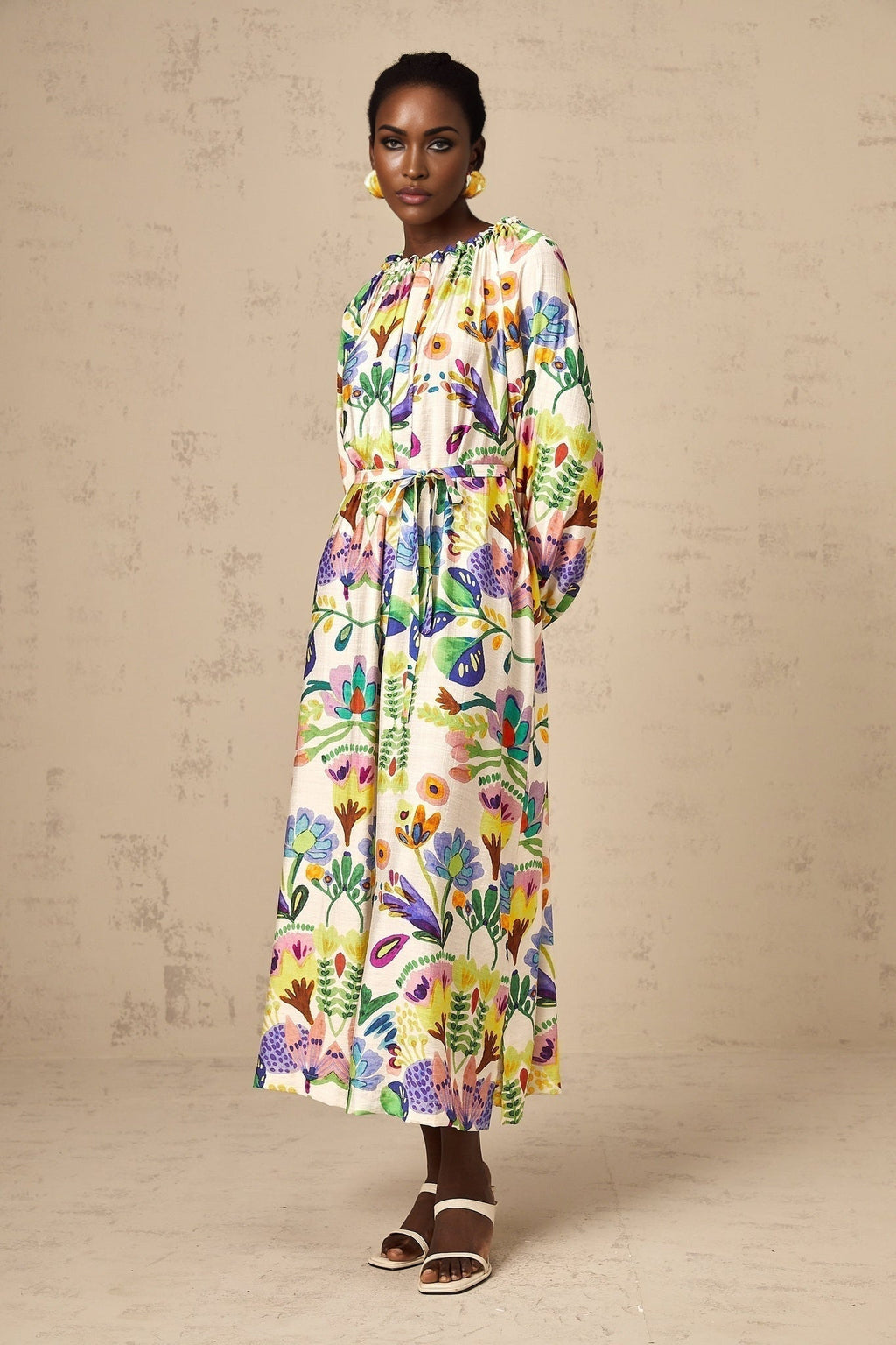 Brenna Midi Dress - Paisley Print - Flared Cuffs - Pleated Detailing - Self - Tie Design - Poplin Texture