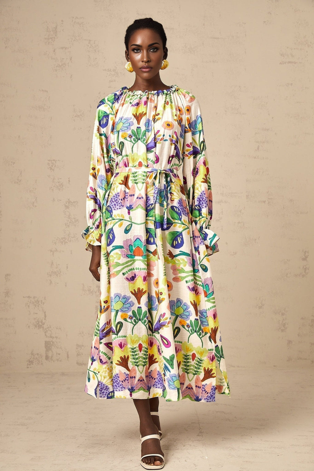 Brenna Midi Dress - Paisley Print - Flared Cuffs - Pleated Detailing - Self - Tie Design - Poplin Texture