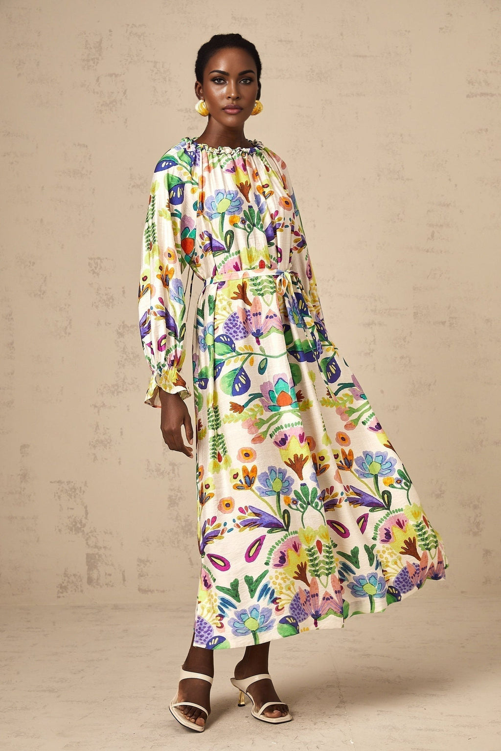 Brenna Midi Dress - Paisley Print - Flared Cuffs - Pleated Detailing - Self - Tie Design - Poplin Texture