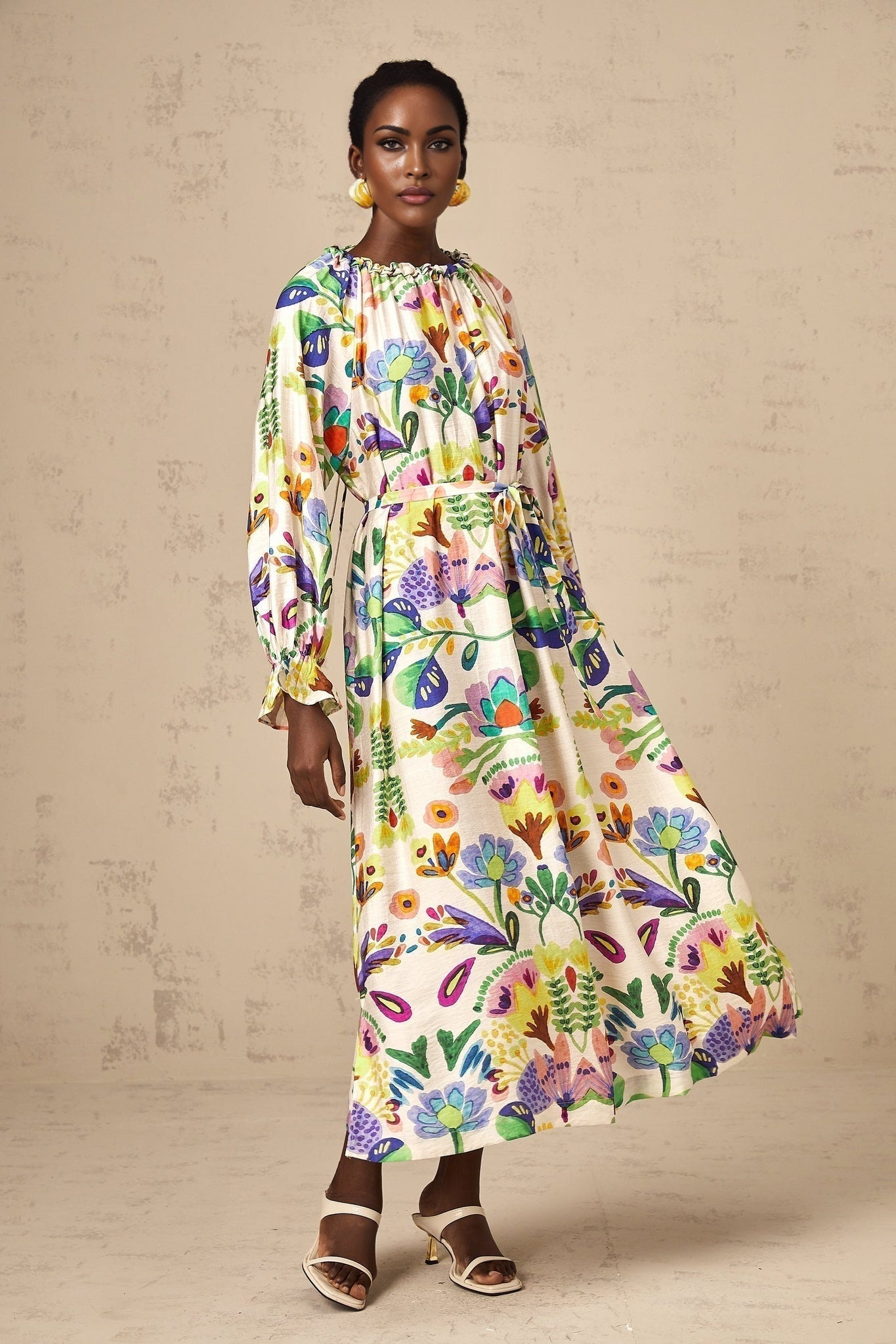 Brenna Midi Dress - Paisley Print - Flared Cuffs - Pleated Detailing - Self - Tie Design - Poplin Texture