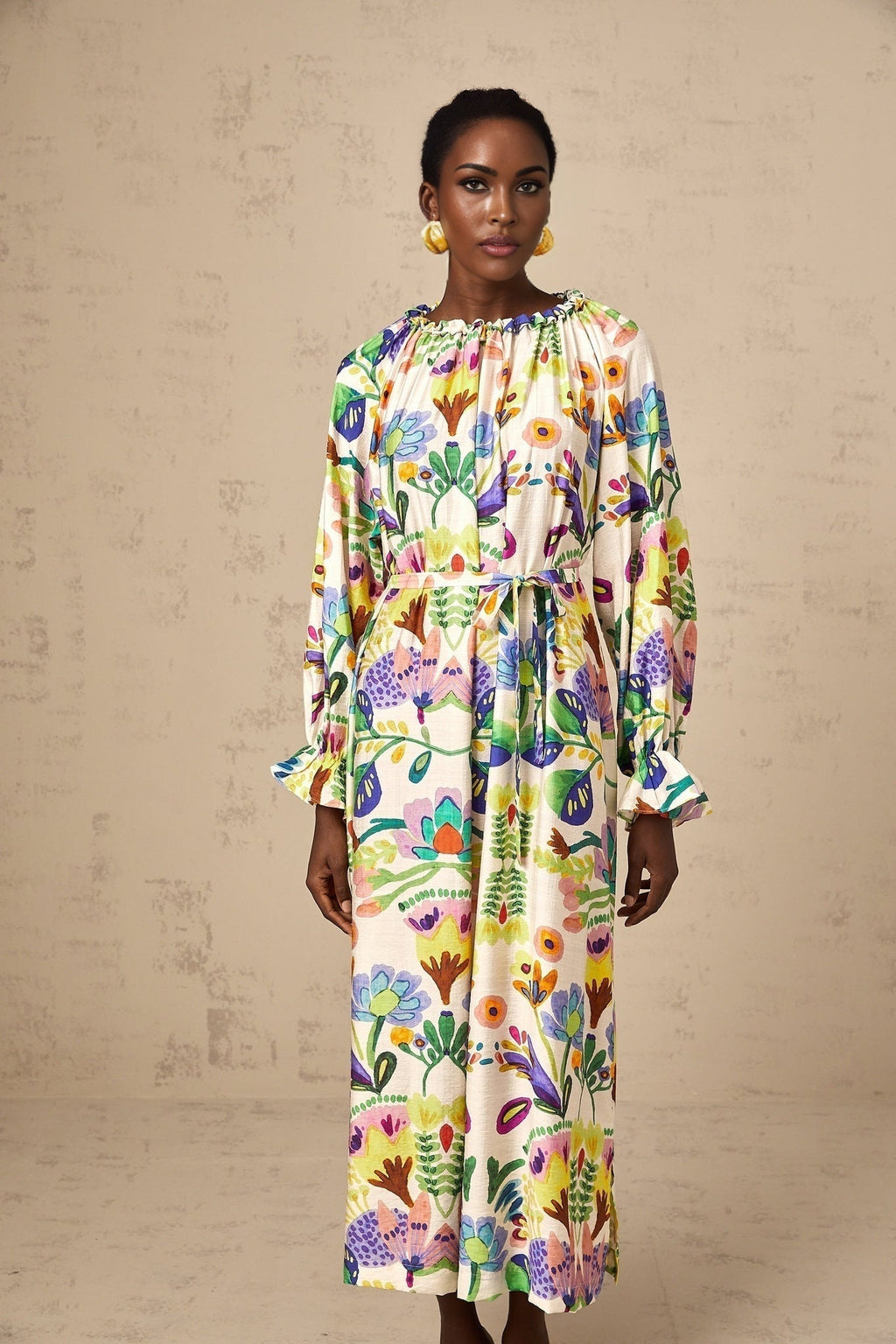 Brenna Midi Dress - Paisley Print - Flared Cuffs - Pleated Detailing - Self - Tie Design - Poplin Texture