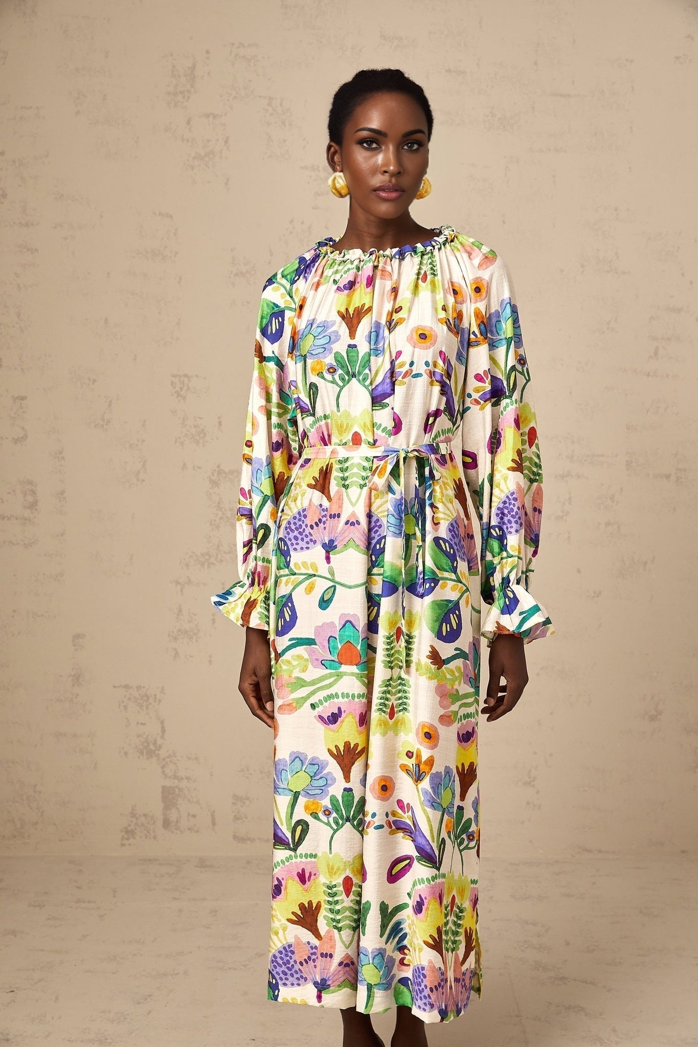 Brenna Midi Dress - Paisley Print - Flared Cuffs - Pleated Detailing - Self - Tie Design - Poplin Texture