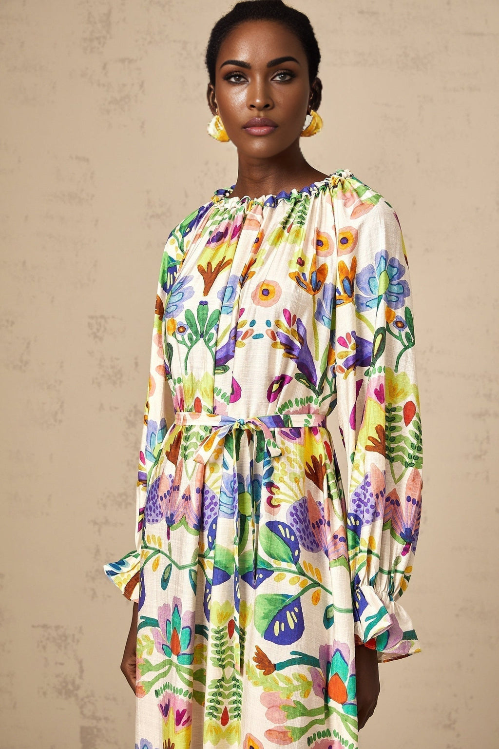 Brenna Midi Dress - Paisley Print - Flared Cuffs - Pleated Detailing - Self - Tie Design - Poplin Texture