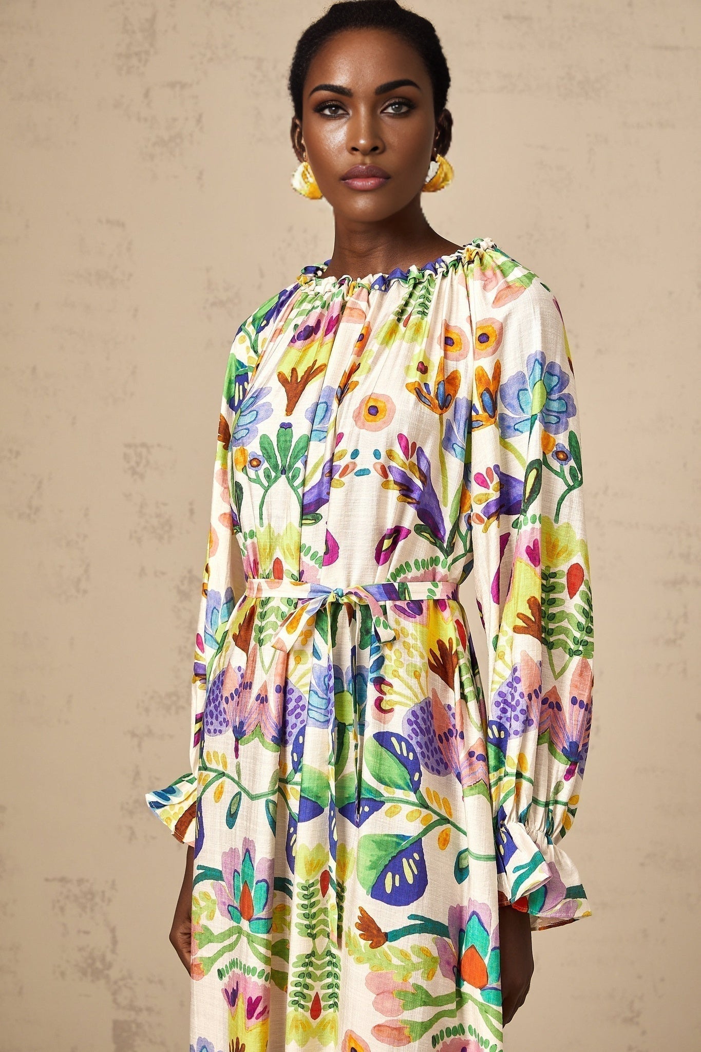 Brenna Midi Dress - Paisley Print - Flared Cuffs - Pleated Detailing - Self - Tie Design - Poplin Texture