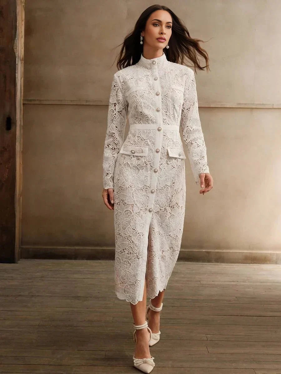 Brenna Midi Dress - Stand Collar - Elegant Style - Button Front - High Waist - All Over Print