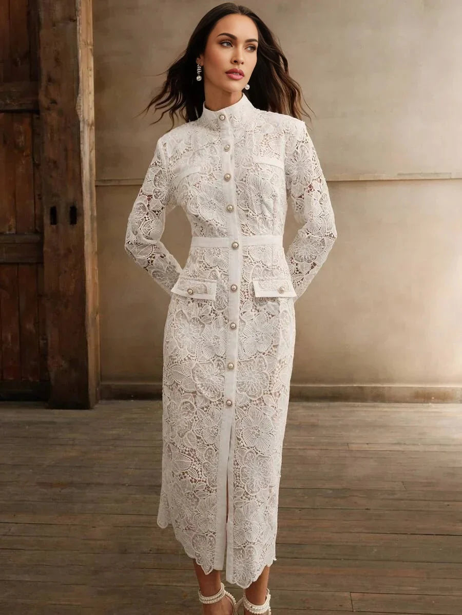 Brenna Midi Dress - Stand Collar - Elegant Style - Button Front - High Waist - All Over Print