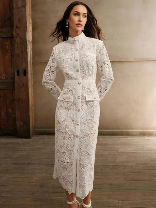 Brenna Midi Dress - Stand Collar - Elegant Style - Button Front - High Waist - All Over Print