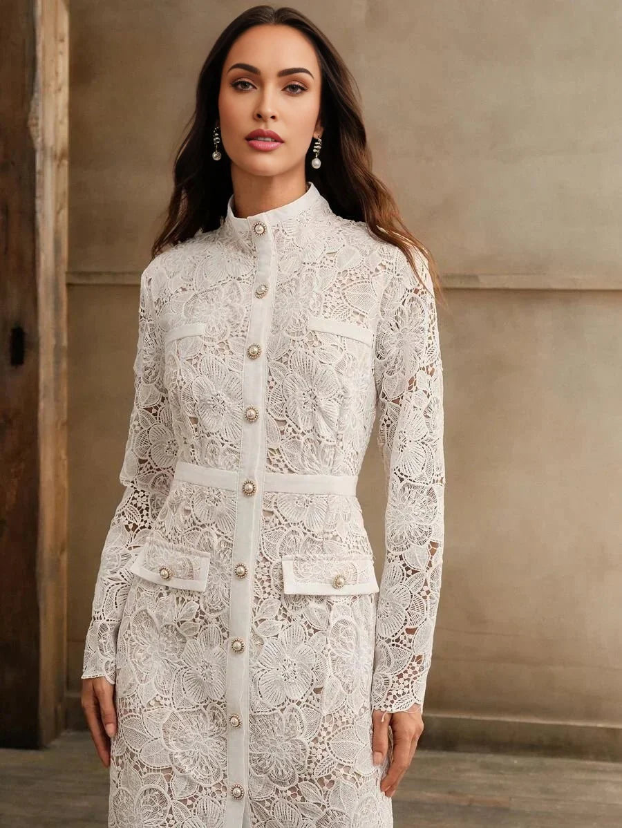 Brenna Midi Dress - Stand Collar - Elegant Style - Button Front - High Waist - All Over Print