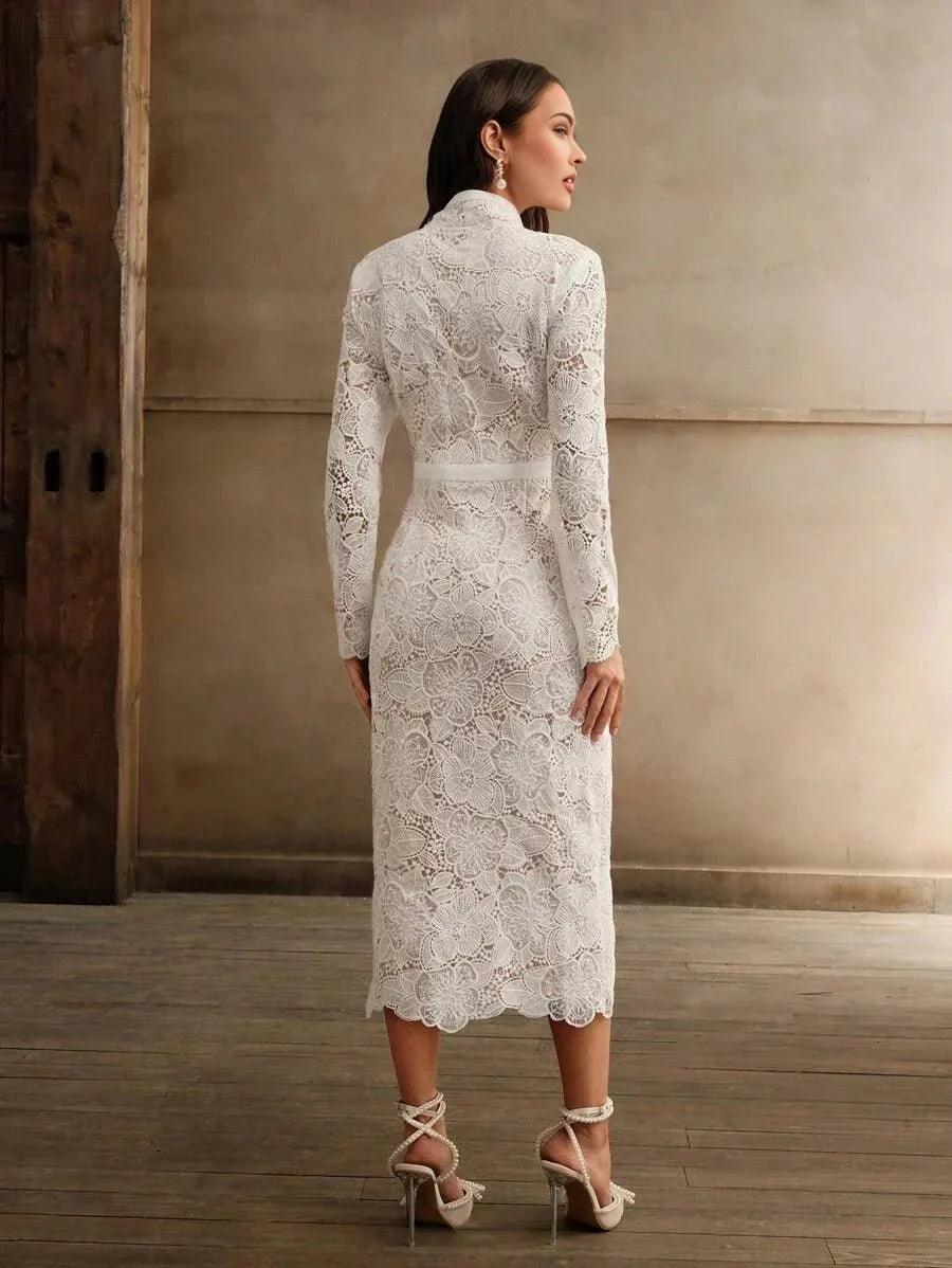 Brenna Midi Dress - Stand Collar - Elegant Style - Button Front - High Waist - All Over Print