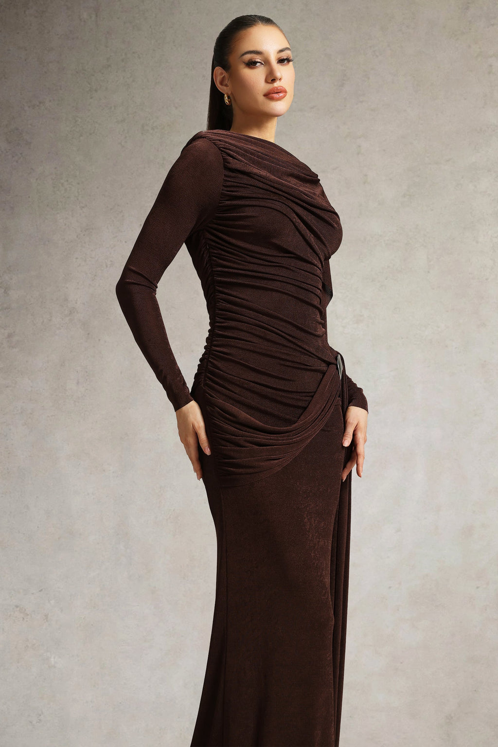 Brianna Brown Ruched Dress with Flowing Cape for Evening Events or Special Occasions