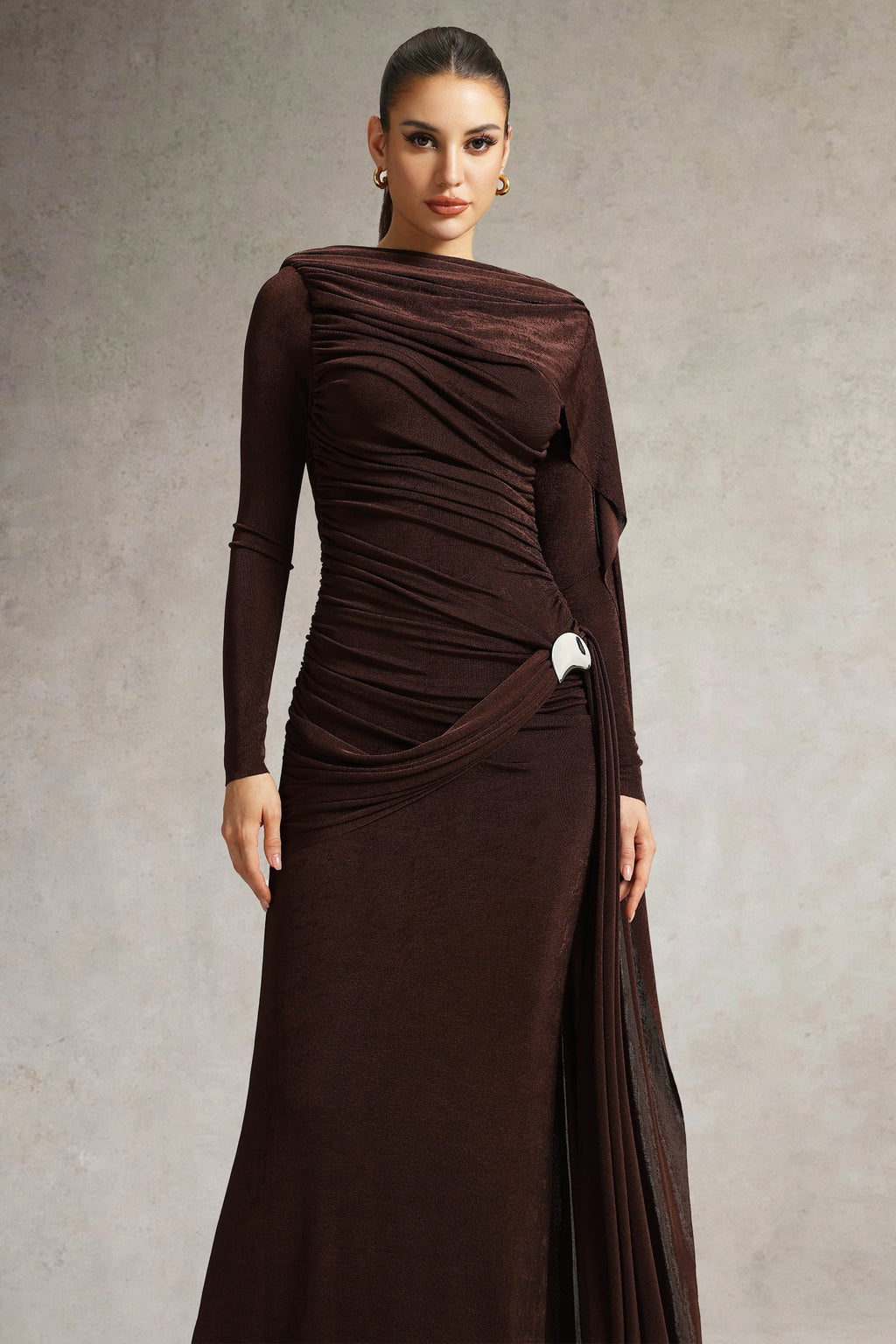 Brianna Brown Ruched Dress with Long Sleeves and Flowing Cape