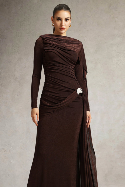 Brianna Brown Ruched Dress with Long Sleeves and Flowing Cape