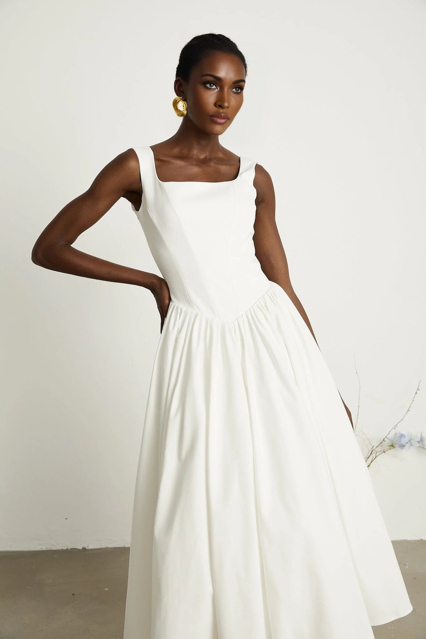 Brianna Dress - Square Neck - Sleeveless - Corset Style - Pleated Design - Flared Skirt - Ankle Length - Rear Zip Fastening