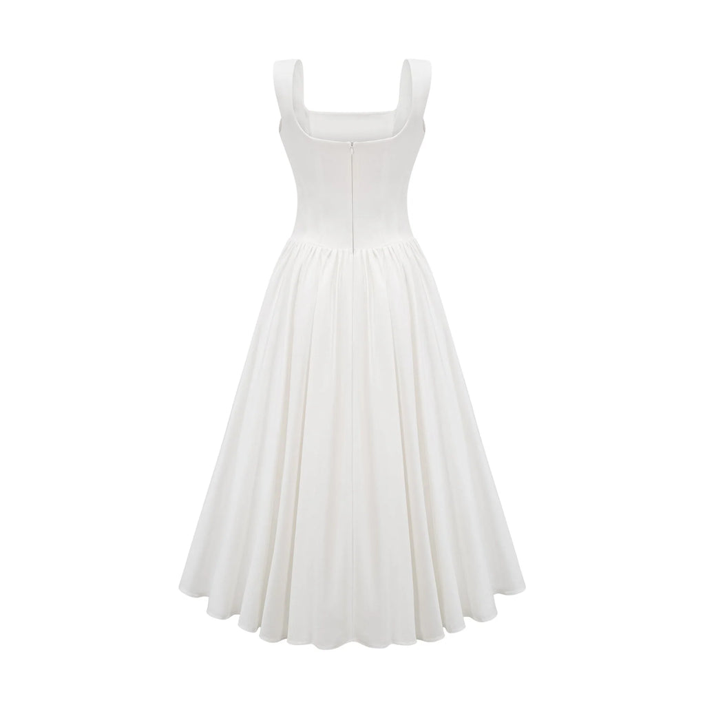 Brianna Dress - Square Neck - Sleeveless - Corset Style - Pleated Design - Flared Skirt - Ankle Length - Rear Zip Fastening