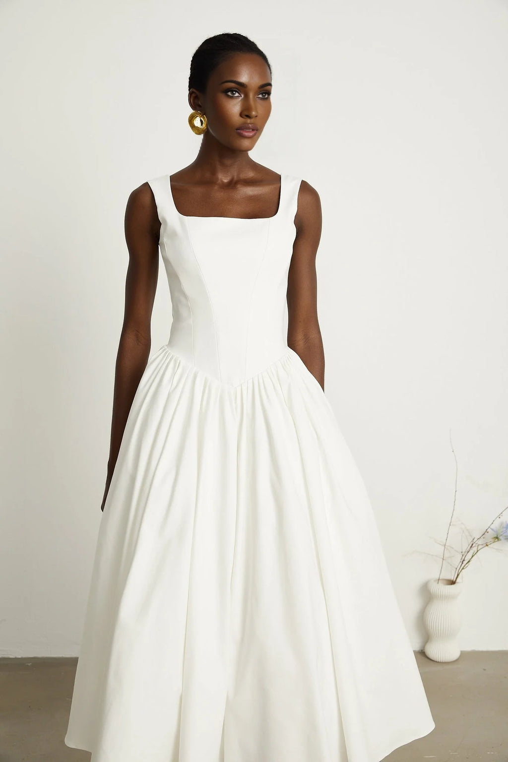 Brianna Dress - Square Neck - Sleeveless - Corset Style - Pleated Design - Flared Skirt - Ankle Length - Rear Zip Fastening