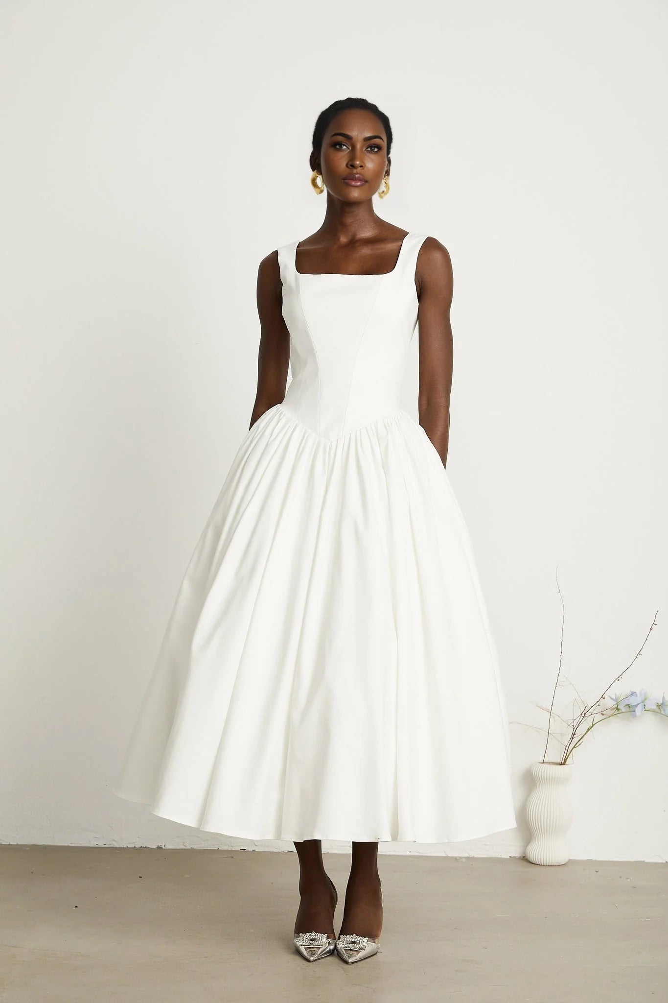 Brianna Dress - Square Neck - Sleeveless - Corset Style - Pleated Design - Flared Skirt - Ankle Length - Rear Zip Fastening