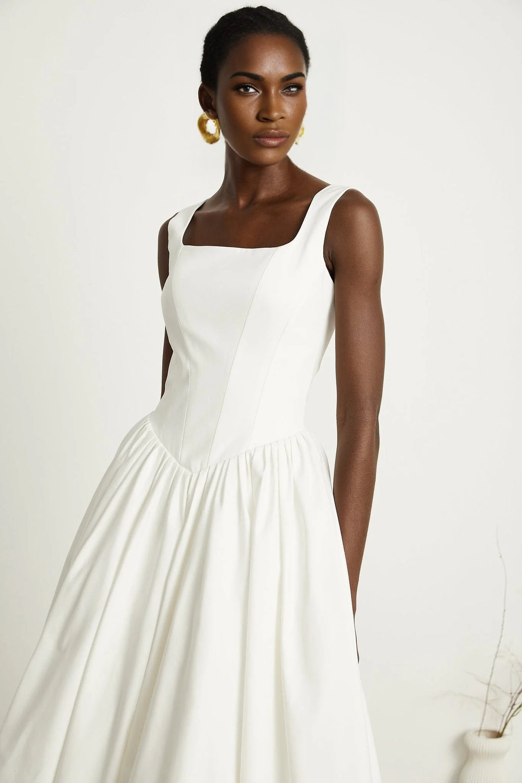 Brianna Dress - Square Neck - Sleeveless - Corset Style - Pleated Design - Flared Skirt - Ankle Length - Rear Zip Fastening