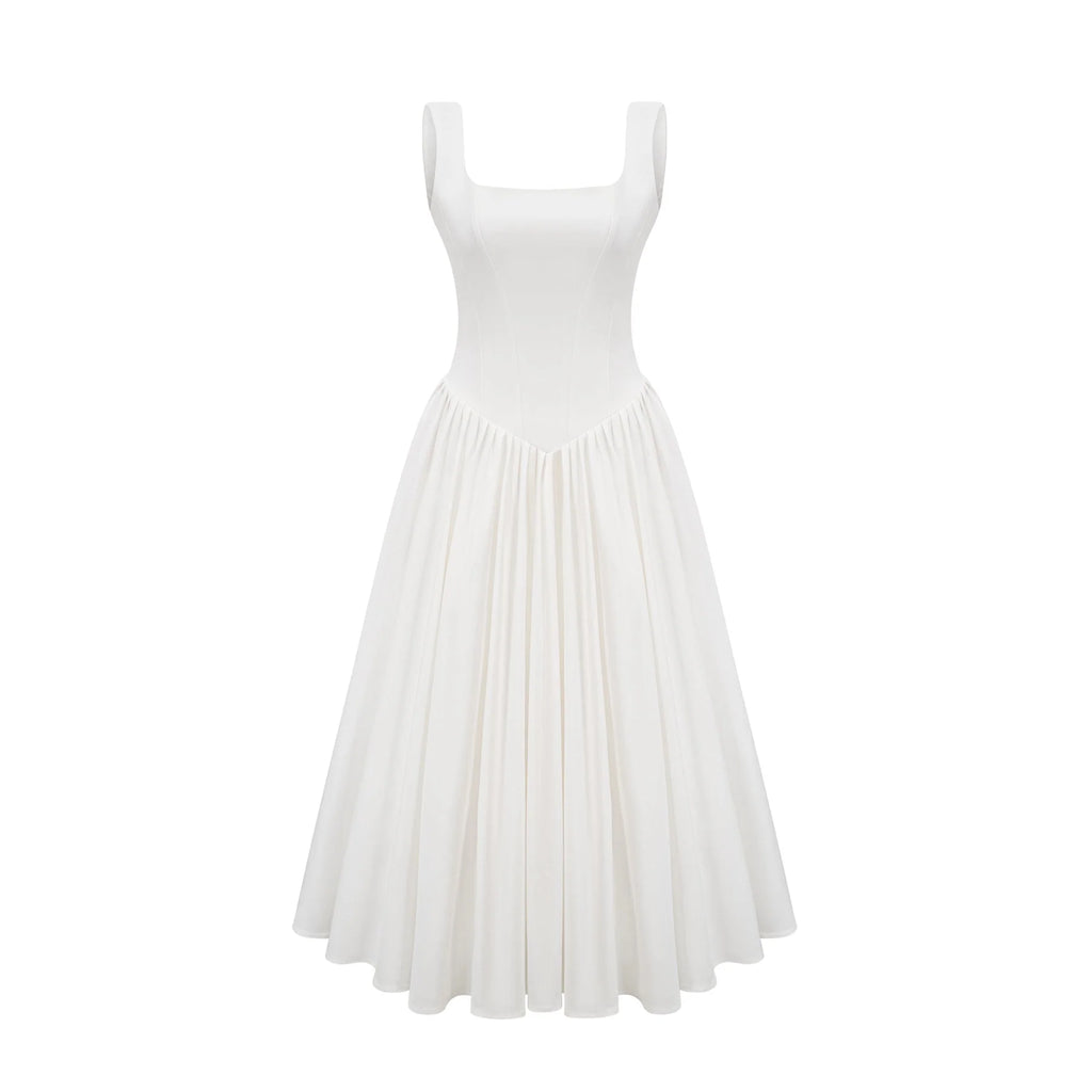 Brianna Dress - Square Neck - Sleeveless - Corset Style - Pleated Design - Flared Skirt - Ankle Length - Rear Zip Fastening