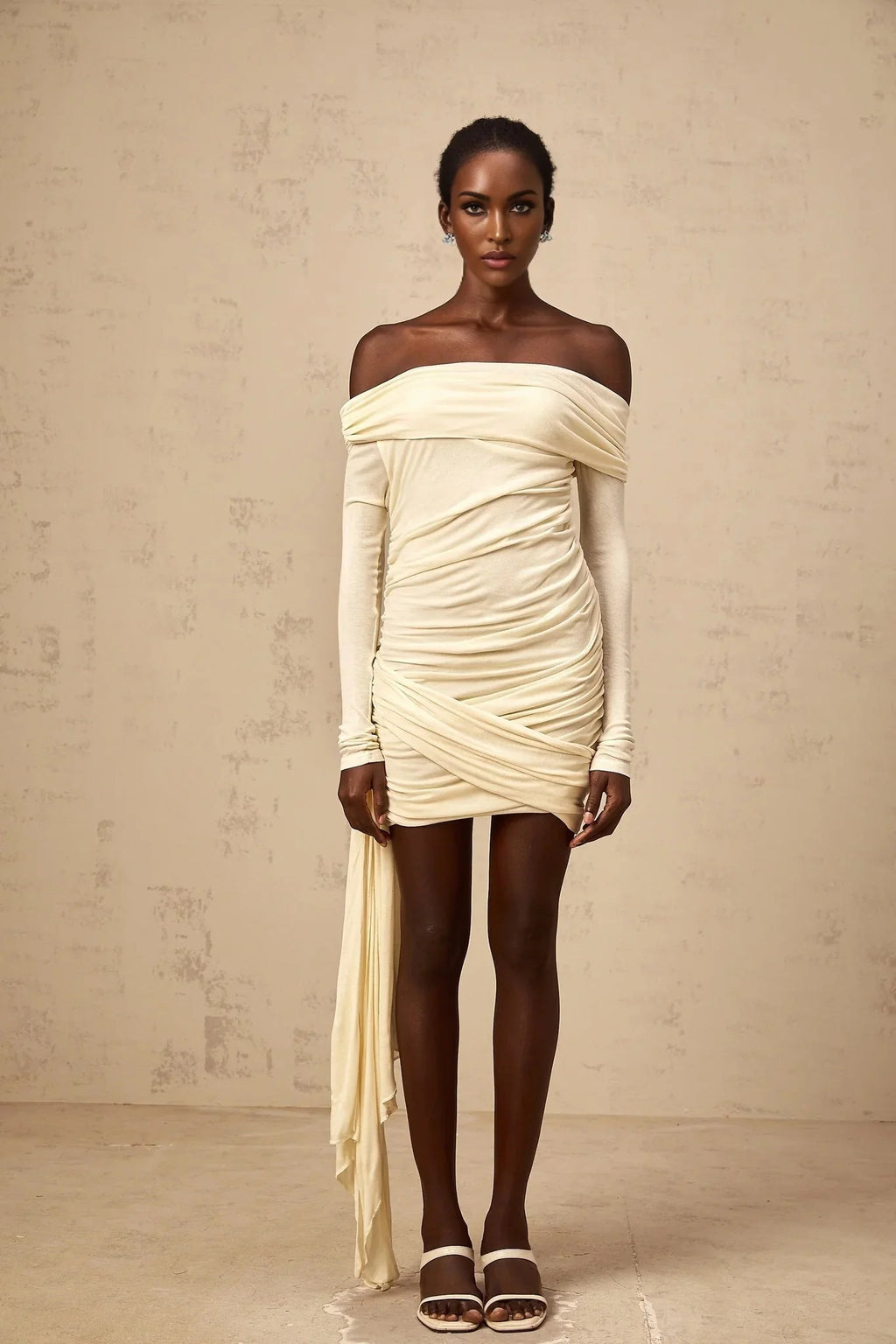 Brianna Mini Dress Cream - White Ribbon Ruched & Fitted