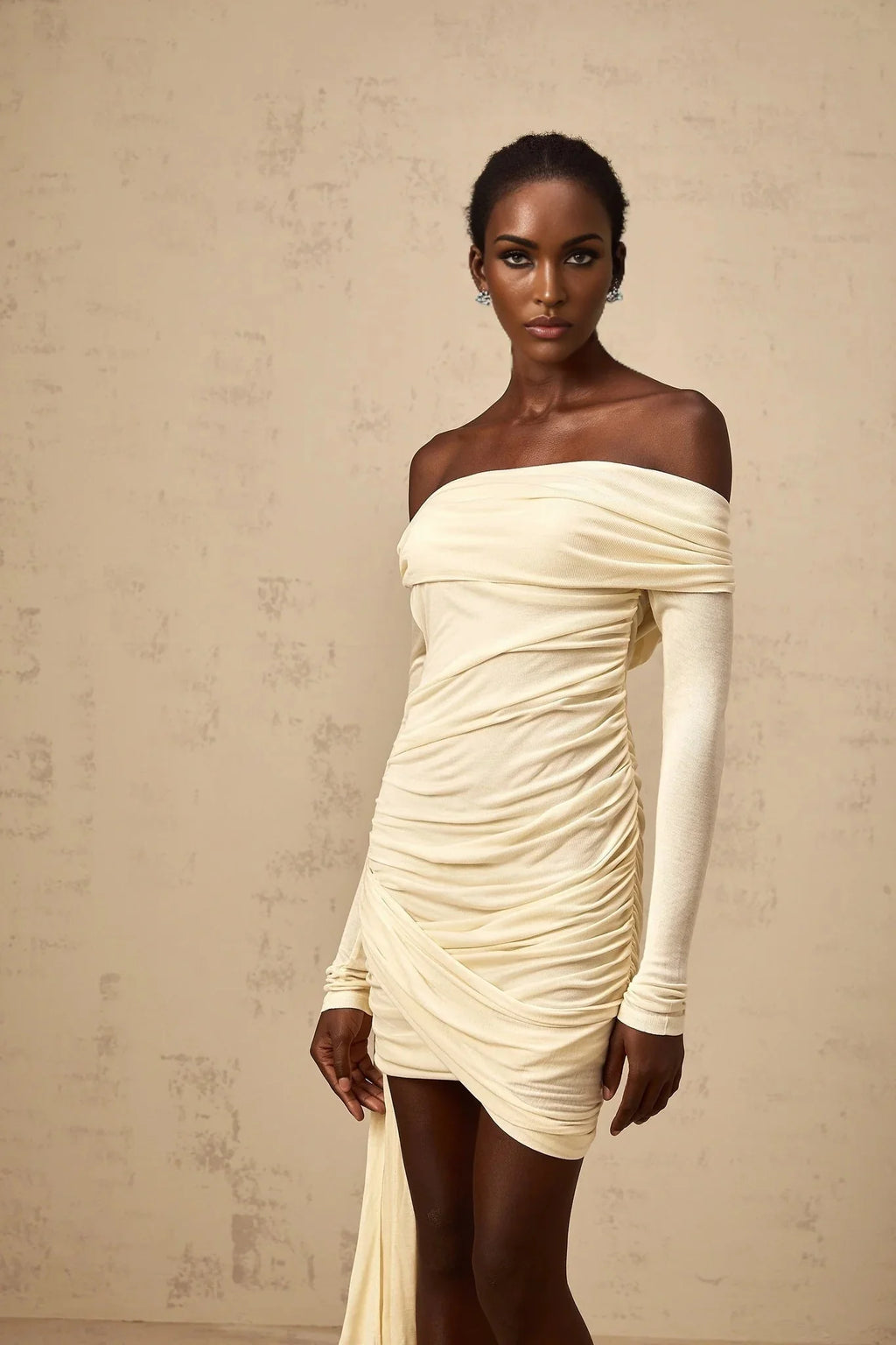 Brianna Mini Dress Cream - White Ribbon Ruched & Fitted