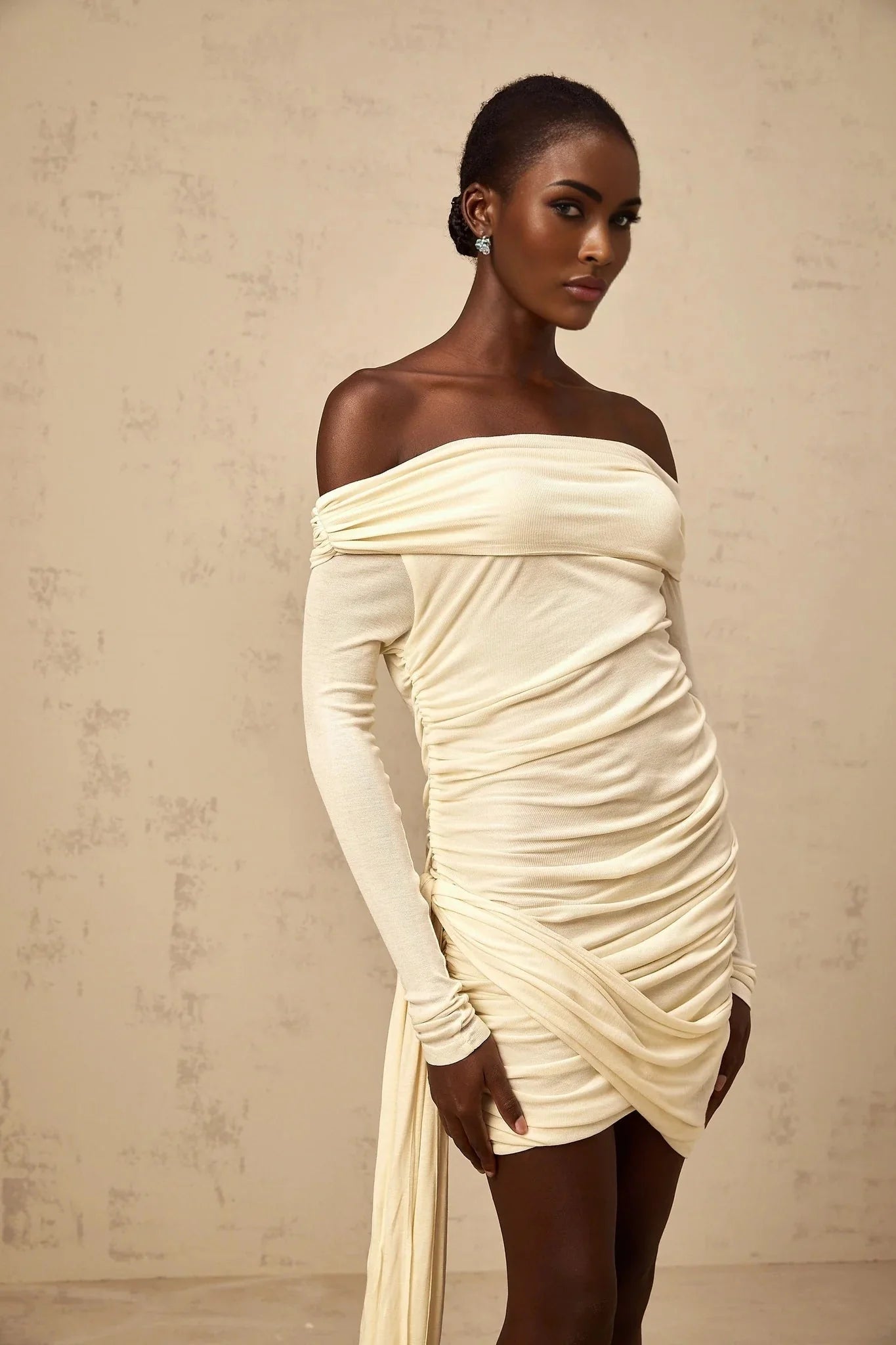 Brianna Mini Dress Cream - White Ribbon Ruched & Fitted