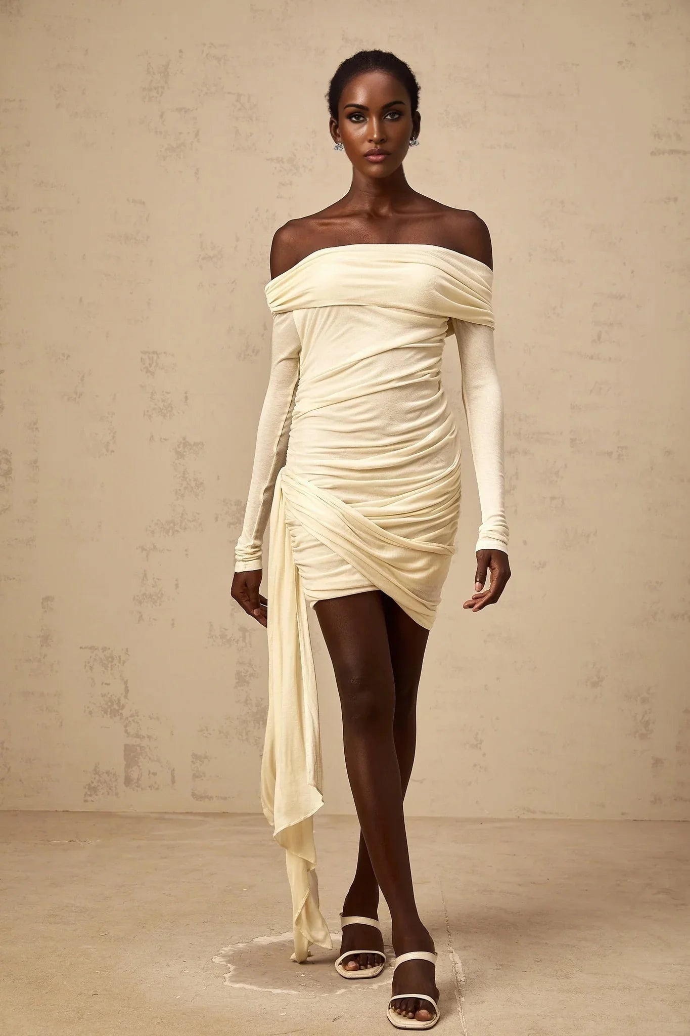 Brianna Mini Dress Cream - White Ribbon Ruched & Fitted
