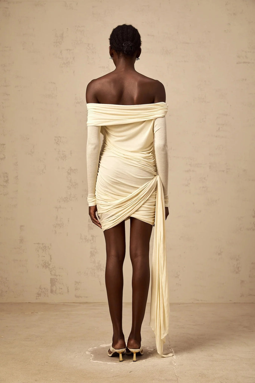Brianna Mini Dress Cream - White Ribbon Ruched & Fitted