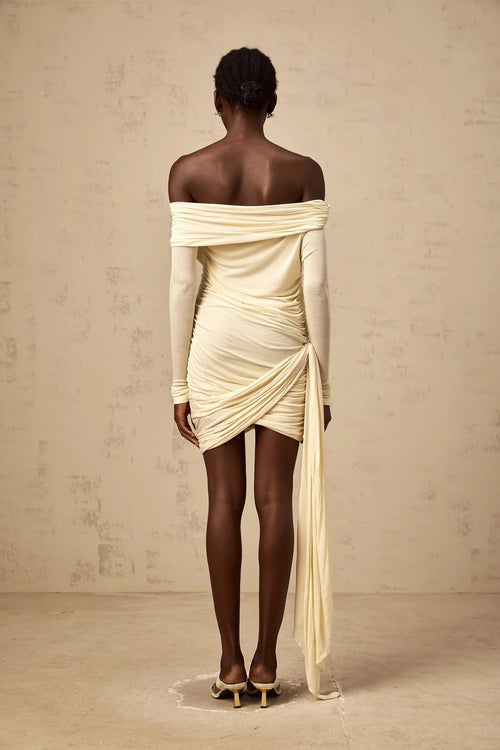 Brianna Mini Dress Cream - White Ribbon Ruched & Fitted