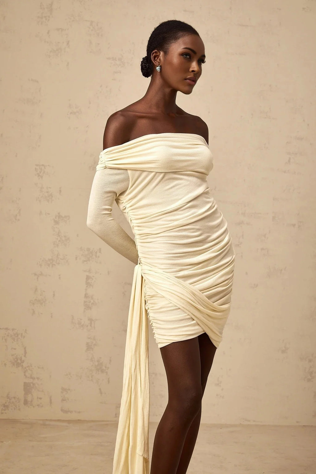 Brianna Mini Dress Cream - White Ribbon Ruched & Fitted