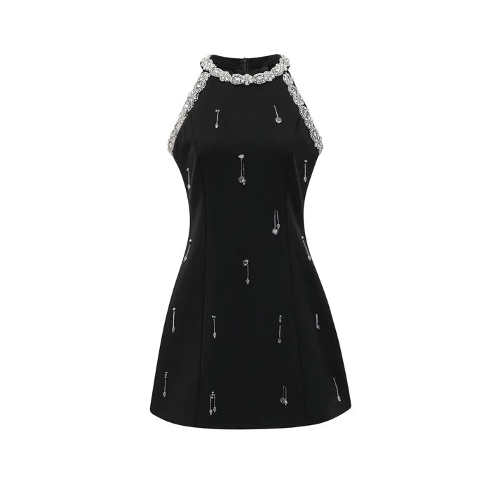 Brianna Mini Dress - Crystal Embellished - Panelled - Sleeveless - Round Neck