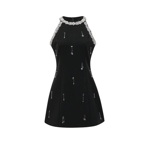 Brianna Mini Dress - Crystal Embellished - Panelled - Sleeveless - Round Neck