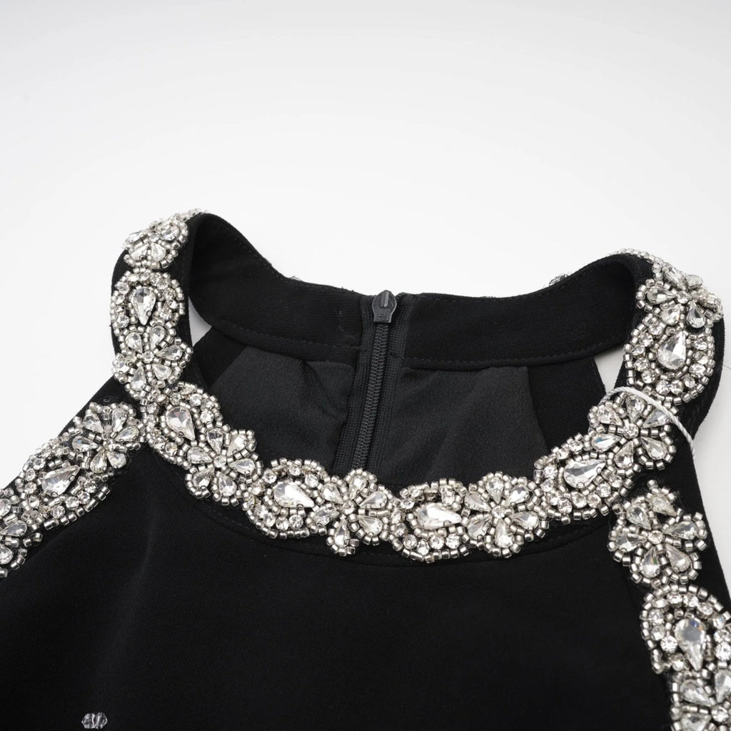 Brianna Mini Dress - Crystal Embellished - Panelled - Sleeveless - Round Neck
