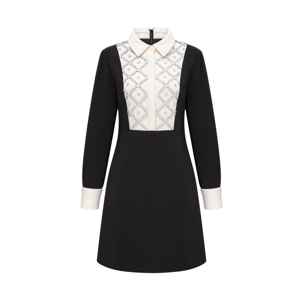 Brianna Mini Dress - Pointed Collar - Long Sleeves - Crystal Embellishment - Contrast Colors
