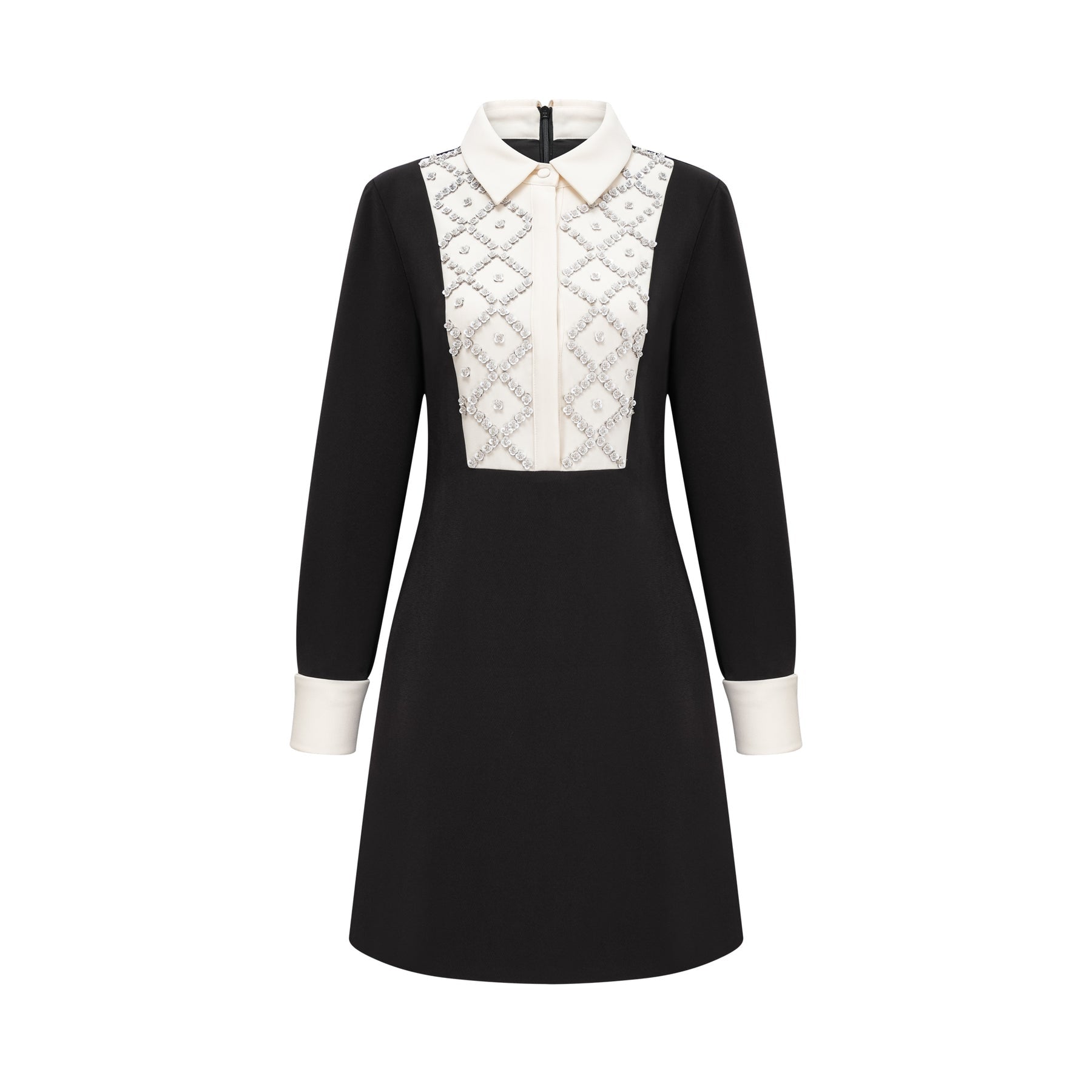 Brianna Mini Dress - Pointed Collar - Long Sleeves - Crystal Embellishment - Contrast Colors