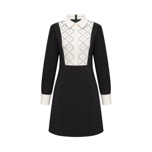 Brianna Mini Dress - Pointed Collar - Long Sleeves - Crystal Embellishment - Contrast Colors