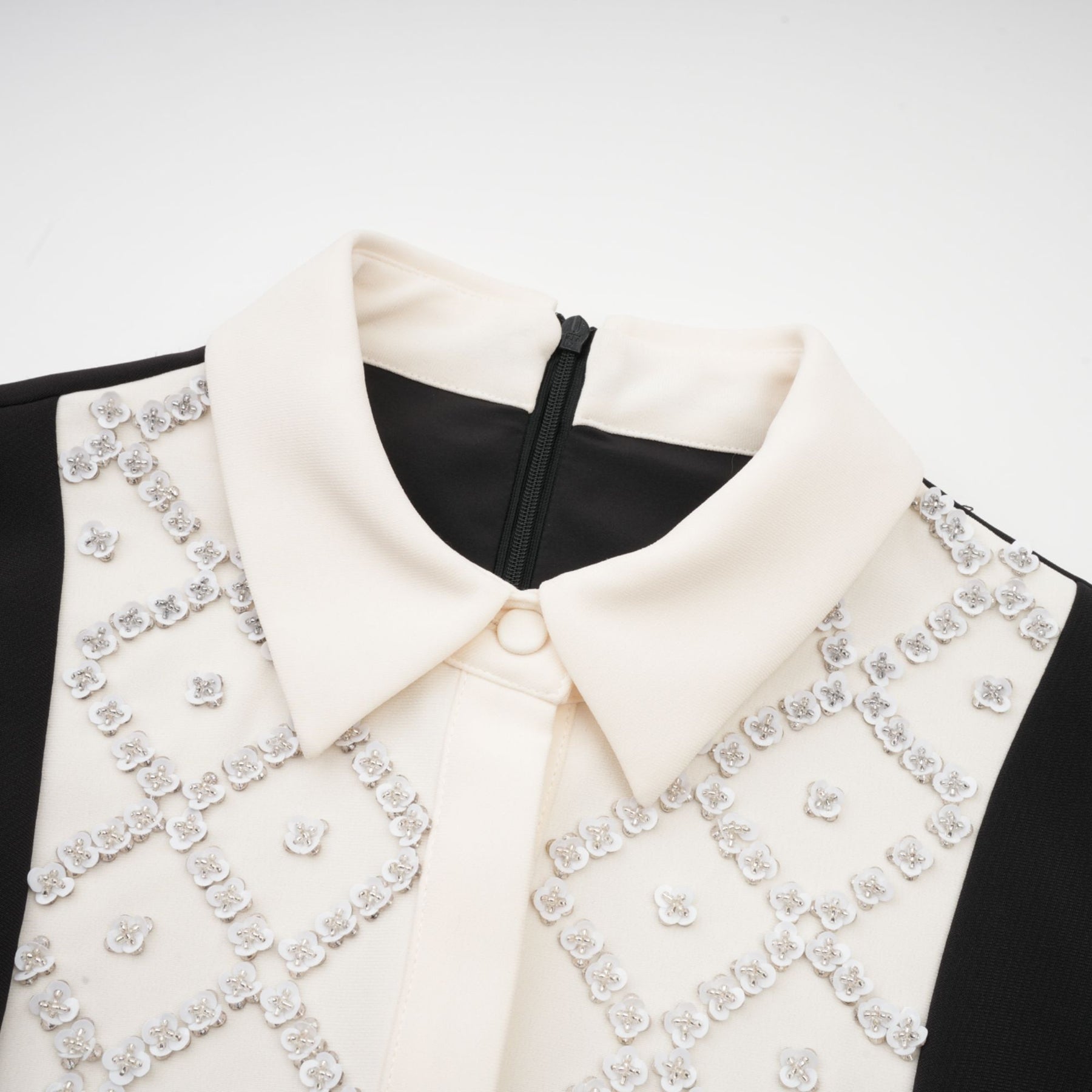 Brianna Mini Dress - Pointed Collar - Long Sleeves - Crystal Embellishment - Contrast Colors