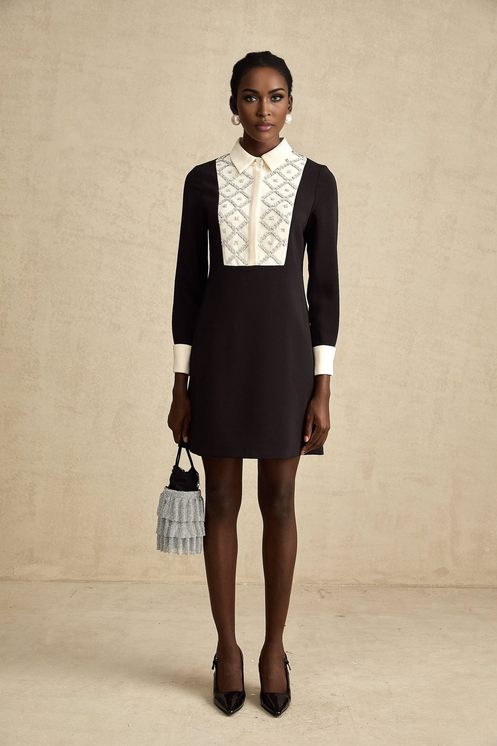 Brianna Mini Dress - Pointed Collar - Long Sleeves - Crystal Embellishment - Contrast Colors